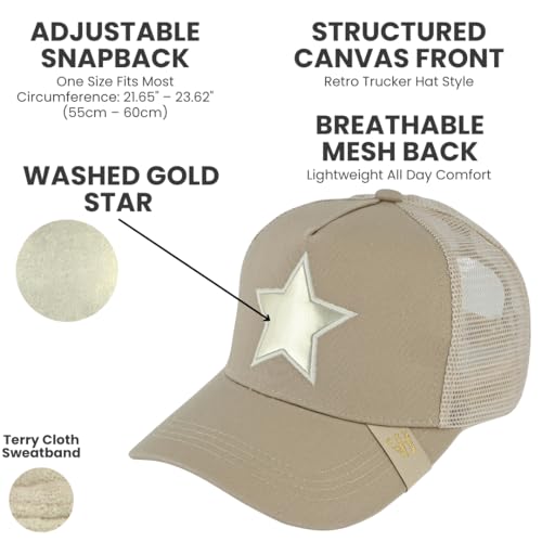 VINTAGE HAVANA Trucker Hats Women | Mesh Adjustable Snapback Hat | Men & Women Cute Trendy Fashion Baseball Cap - color: Khaki/Washed Gold