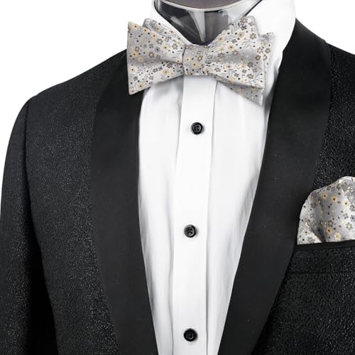Alizeal Mens 2pcs Classic Floral Pattern Self-tied Bow Tie and Handkerchief Set - color: 045-gray+khaki+brown