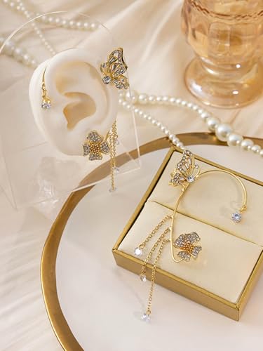 2Pcs Rhinestone Butterfly Earrings Ear Cuffs Non-Pierced Fake Earrings Butterfly Climber Wrap Around Earring Dainty Adjustable Ear Clip Jewelry for Women - color: Style1-gold
