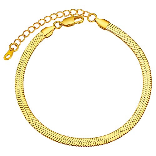 ChainsHouse Ankle Bracelets for Women, Stainless Steel Chain Anklets Waterproof, Women Summer Beach Jewelry Gift, Come with Box - color: 10. 5mm-Herringbone-Gold