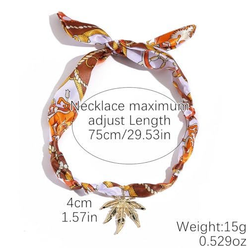 Scarf Long Fabric Colorful Silk Scarves Multi Pendant Necklace For Women Statement Boho Choker Twisted Ribbon Band Pearl Accent Heart Maple Leaf Bee Daisy Dragonfly Star Green Gem Charms - color: Orange Maple leaf