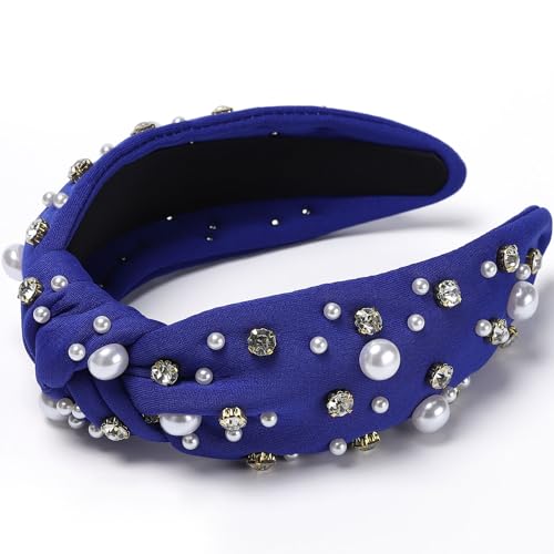 WantGor Pearl Knotted Headband, Women Rhinestone Embellished Hairband Elegant Wide Top Knot Bride Headbands Headpieces Party Fashion Elegant Ladies Hair Band Hair Hoop Accessories (Blue) - color: Blue