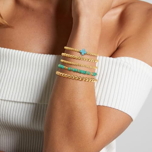 VIBILIA Gold Beaded Bracelets Set for Women 14K Gold Plated Dainty Pearl Cross Bracelet Stack Stretch Bracelet Set Fashion Accessories Gifts - color: 5P-MZSZJ-Green