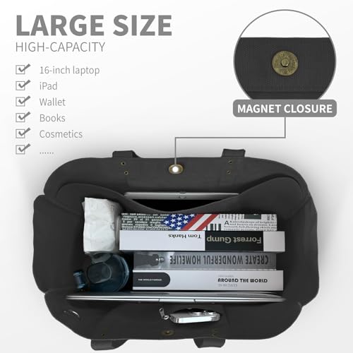 HOMESPON Large Canvas Tote Bag for Women Everything Bag with Pockets and Laptop Sleeve - color: Black