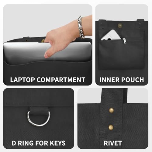 HOMESPON Large Canvas Tote Bag for Women Everything Bag with Pockets and Laptop Sleeve - color: Black
