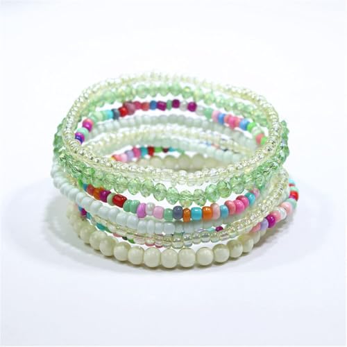 Boho Stackable Rice Beaded Bracelet Set for Women 8-10Pcs Colorful Handmade Multilayered Crystal Beads Bracelets Summer Beach Bohemian Jewelry Gift - color: B Light Green