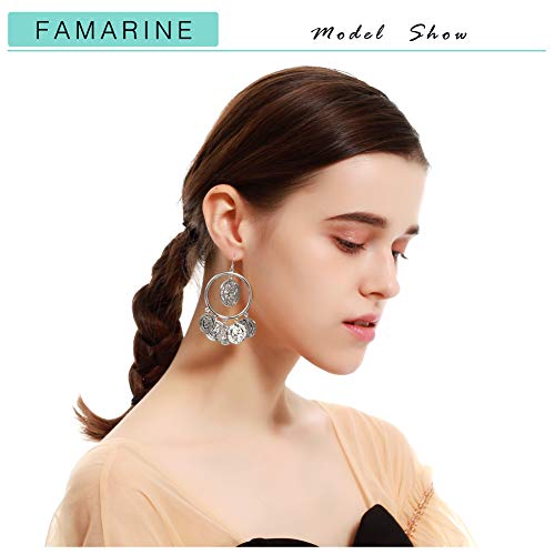 FAMARINE Vintage Tribal Chandelier Portrait Coins Hoop Drop Earrings for Women Costume Jewelry - color: Silver
