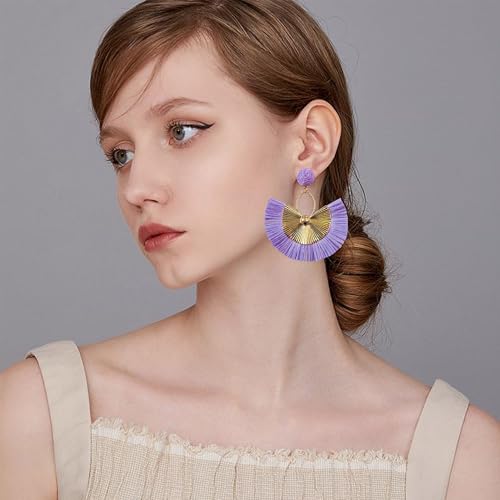 Anmpab Straw Fan Bohemian Tassel Earrings for Women Trendy Colorful Fringe Summer Beach Statement Earrings - color: Violet