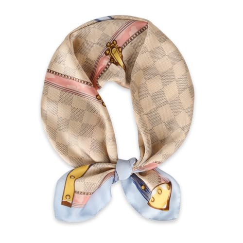 Relang Fashion Silk Satin Head Scarf for Women Hair Bandana Hair Scarf Wrap Neck Scarf for Women 27.5×27.5 inches - color: Beige Plaid With Blue Trim
