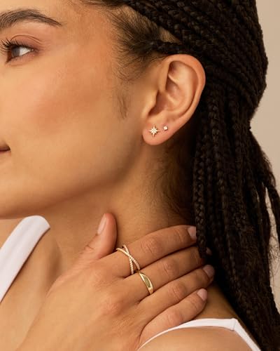 PAVOI 14K Gold Plated Dainty Stud Earrings for Women - 925 Sterling Silver Posts Earrings with Cubic Zirconia - Celestial Lightning Bolt, Moon, Star, and Flower Gold Jewelry Gifts - style: North Star