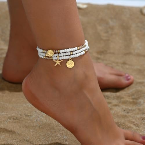 Ankle Bracelets for Women Waterproof Beach Jewelry for Women Elastic Beaded Anklets Boho Seashell Pearl Starfish Anklets for Women Foot Jewelry - style: 2 - 3 layer coin shell starfish