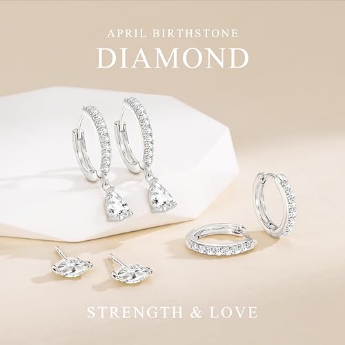 14K Gold Plated Small Huggie Hoop Earrings Set for Women, Hypoallergenic Dainty Sterling Silver Dangle Studs for Cartilage Helix, Lightweight Trendy Cute Stack Birthstone Jewelry Gift - color: 04_Diamond_Apr_Silver
