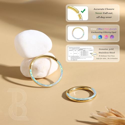 BodyBonita Hinged Opal Nose Rings Hoops - 16G/18G/20G 316L Surgical Steel Hinged Hoop Nose Rings Septum Rings Conch Helix Daith Piercing Jewelry Purple/Pink/Blue/White 10mm/8mm Silver/Gold Plated