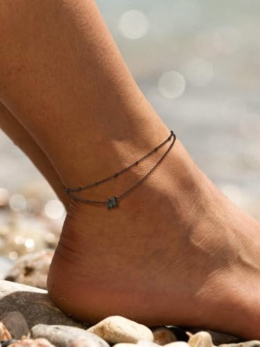 FaithHeart Initial Ankle Bracelets for Women, Waterproof 14k Gold Plated Initial Anklets Non Tarnish Stainless Steel Cute Layered Anklet Summer Beach Jewelry - color: Black, size: Initial M