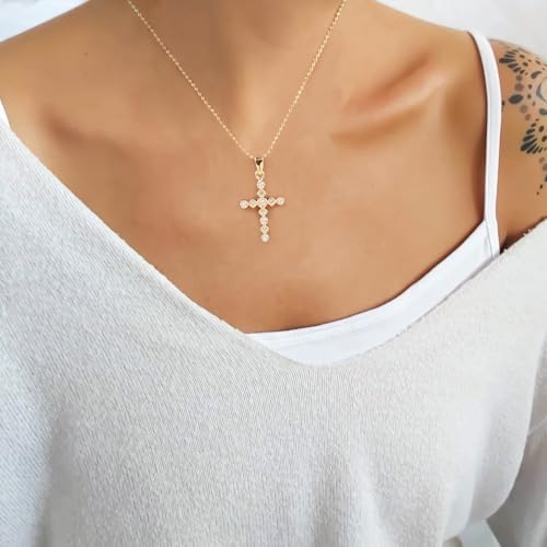 14K Gold Plated Cross Pendant Necklaces for Women Trendy, Dainty Choker CZ Cross Necklace Non Tarnish,Simple Tiny Cross Necklace for Jewelry Gifts - style: Cubic Cross-Gold