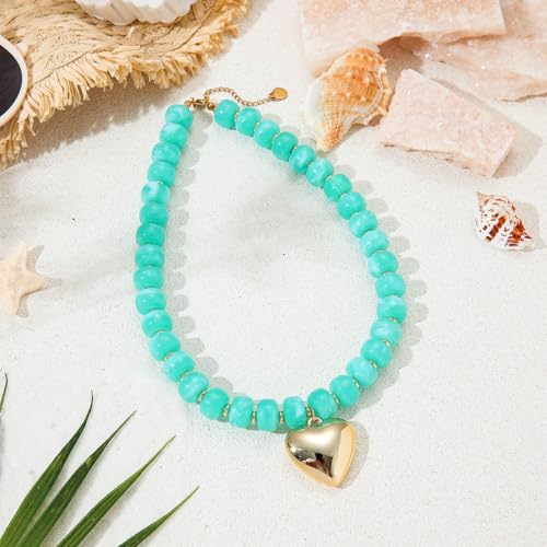 Chunky Colorful Beaded Necklaces for Women Big Bead Boho Choker Necklace Trendy Heart Statement Necklace Summer Beach Jewelry Mothers Day Gifts for Mom Daughter - color: Heart Blue Choker