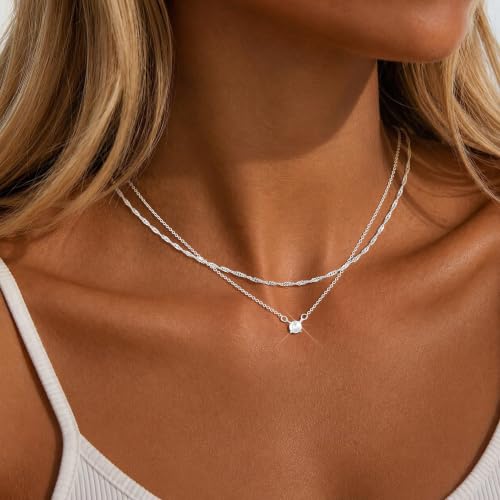 Layered Gold Necklace for Women Trendy 14K Gold Plated Heart CZ Pendant Layered Gold Necklaces Set Coin Choker Necklaces Simple Circle Cubic Zirconia Pearl Necklace Stack Herringbone Paperclip Chain Jewelry Set - style: 2PCS-Dotchain zircon-SL