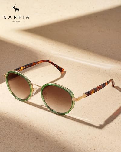 CARFIA Retro Round Sunglasses for Women Polarized UV Protection, Durable Acetate-Metal Frame Designer Eyewear CA1951 - color: 1. Translucent Green Frame + Gradient Brown Lens