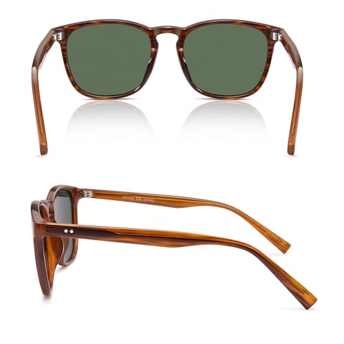 SOJOS Unisex Rounded Square Polarized Sunglasses TR90 Frame UV400 Protection Lightweight Retro for Women & Men - color: Light Brown Stripes/Green