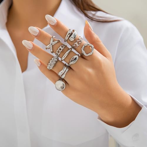 Chunky Rings for Women Adjustable Thick Rings Set Trendy Statement Stackable Ring for Women Chunky Jewlery Irregular Dome Flower Finger Knkuckle Thumb Ring - style: Style 5 - 10pcs s