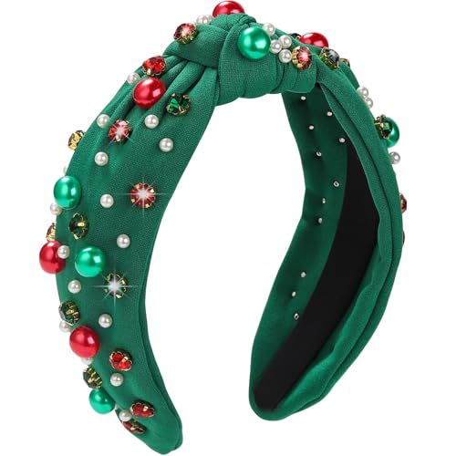 WantGor Pearl Knotted Headband, Women Rhinestone Embellished Hairband Elegant Wide Top Knot Bride Headbands Headpieces Party Fashion Elegant Ladies Hair Band Hair Hoop Accessories (Christmas Green) - color: Christmas Green