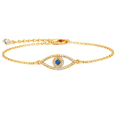 Dremmy Studios Gold Bracelet for Women 18K Gold Plated Dainty Paperclip Cubic Zirconia Disc Coin Star Cable Satellite Bead Pearl Simple Boho Minimalist Stacking Layered Link Jewelry Gift - color: Evil Eye A