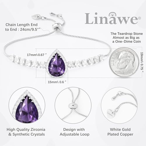 Linawe Crystal Imitation Diamond Rhinestone Charm Bracelets for Women, Gold/Silver/Rose Gold Adjustable Chain Bracelet, Teardrop Birthstone Cubic Zirconia Prom Costume Wedding Jewelry - color: Silver,Feb