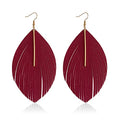 Minimalist Handmade Lightweight Large Soft Faux Leather Fringe Feather Dangle Drop Earrings Bohemian Huge Leaf Hook Earrings with Bar for Women - color: Rose red
