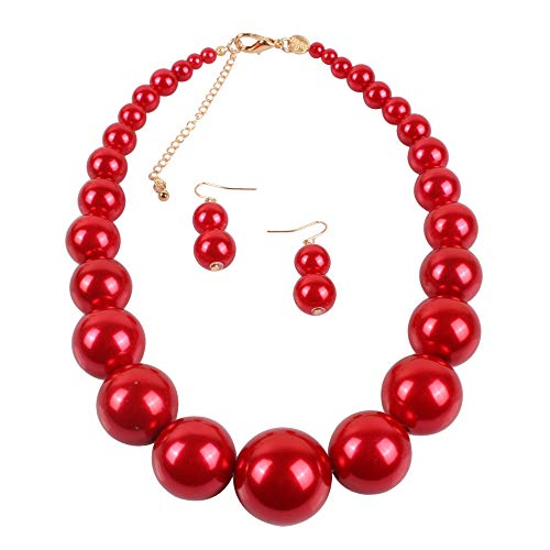 Fuqimanman2020 Chunky Large Simulated Pearl Choker Necklace Drop Dangle Earrings Crystal Bib Big Round Beaded Strand Multicolor Costume Statement Wedding Jewelry Set for Women Brides - color: Red