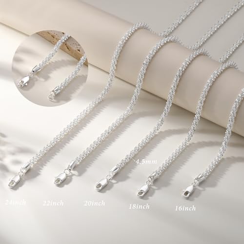 S925 Sterling Silver Chain Necklace for Women - 4.5MM S925 Sterling Silver Sparking Chain Necklace Handmade Jewelry Silver Necklaces for Women 16/18/20/22/24 Inch - color: 22"