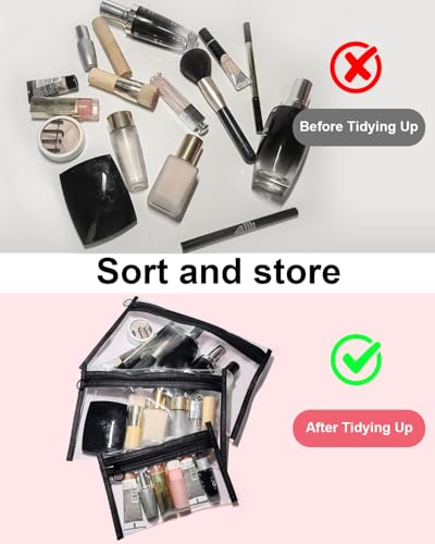 Clear Makeup Bags, 3 Pack Small Cosmetic Toiletry Bags with Zipper, PVC Clear Travel Bags for Women and Men Travel Airport Organizing, Black