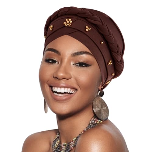 African Women Turban Caps Pre-Tied Twisted Turbans Head Scarf for Women Hair Wraps Cover Beanie Cancer Chemo Headwear - color: 1 Pack Twisted Braid: Gold Bead Coffee