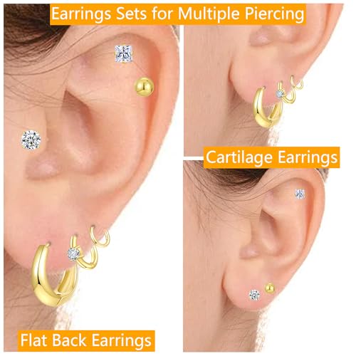 Silver Gold Plated Surgical Steel Flat Back Earrings for Women Hypoallergenic 14K Gold Plated Stud Huggie Earring Set Fashion Shell Cubic Zirconia Flatback Studs Cartilage Earrings Pack for Multiple Piercing 5/8Pairs - color: 6 Pairs Gold Plated Hoops Fla