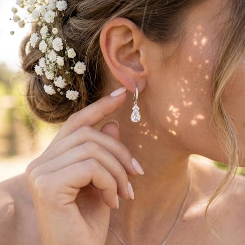 SWEETV Cubic Zirconia Dangle Earrings for Women, Teardrop Bridal Earrings for Wedding, Brides, Bridesmaids, Pear Shaped Drop Earrings for Women Prom Formal Party, Silver - color: Silver-Style3