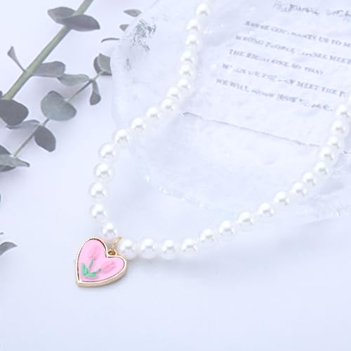 Pearl Heart Pendant Necklace Vintage Pearl Choker Necklace Pink Tulip Flower Pearls Necklaces Love Pearls Collar Necklaces Jewelry for Women