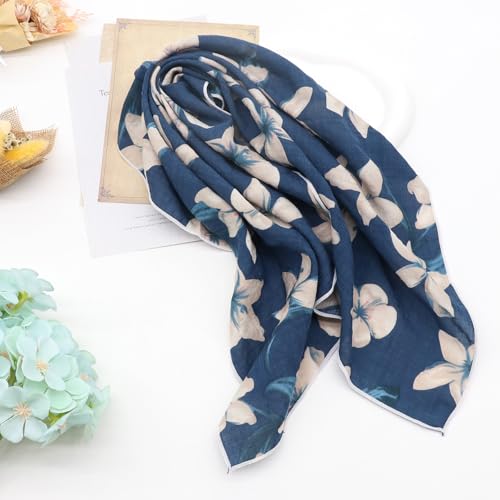 Bandanas for Women Men 21"x21" Floral Headband Scarf Versatile Hair Bandana Square Head Scarf - color: Blue Big White Flowers
