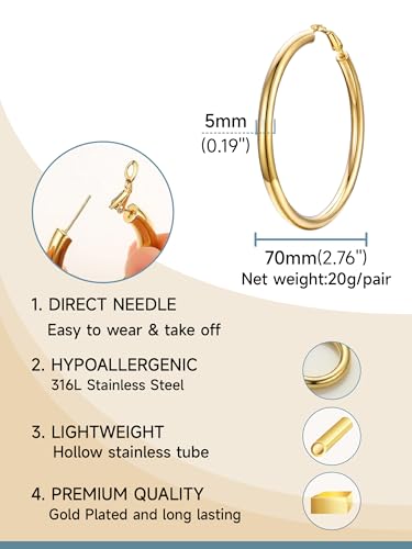 Stainless Steel Chunky Hoop Earrings For Women, Minimalist and Chic, Black/Gold Plated, Round Hoops Earrings Hypoallergenic, Size: 30mm/40mm/60mm/80mm, Come with Box - color: 1. Gold, size: 70MM