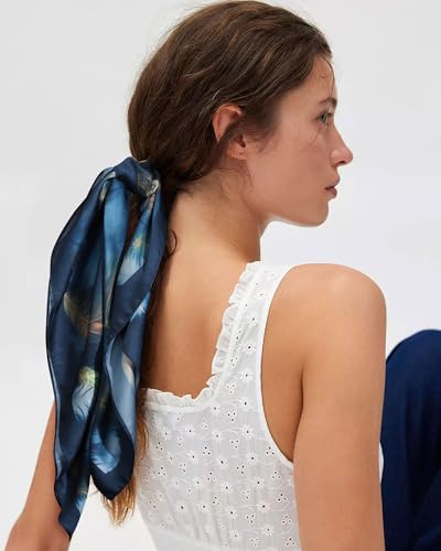 AWAYTR 27.5” Square Satin Head Scarf Hair Scarf for Women's Hair Silk Bandana for Women Silk Head Wrap for Sleeping - color: Feather(dark Green）