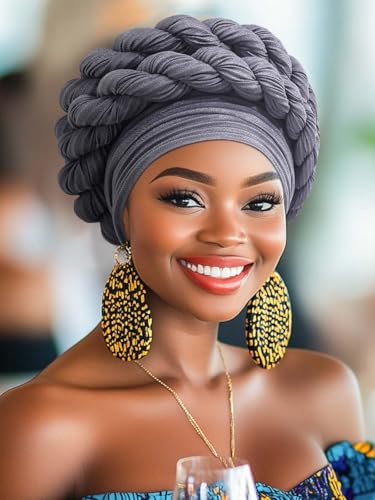 Woeoe Women African Turbans Pre-Tied Twisted Grey Hat Rhinestone Stretchy Head Wrap for Church Party - color: Grey