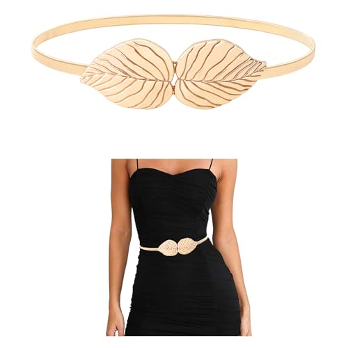 E-Clover Womens Fashion Metal Stretch Waist Skinny Belt Waistband - color: Gold Leaves-02
