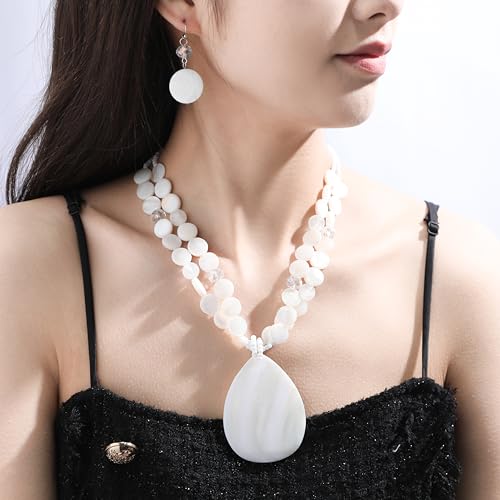 Big Teardrop Pendant Necklaces for Women Colorful Beaded Necklaces Statement Set for Holiday. - color: White