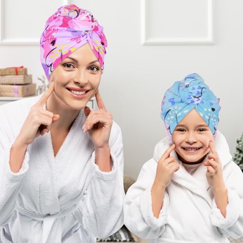 Basumee Microfiber Hair Towel Wrap for Kids 2 Pack Rapid Drying Hair Towel with Button Hair Turbans for Wet Hair Wraps Head Towel Wrap for Women and Girls, Blue and Purple Love - color: Blue and Purple Love