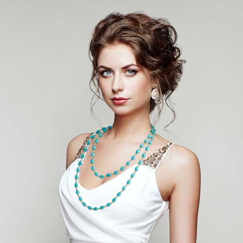 Henoyso 2 Pcs Turquoise Beads Necklace 47.5 Inch Long Endless Necklace Multi Strand Layer Knotted Homemade Jewelry - style: Classic
