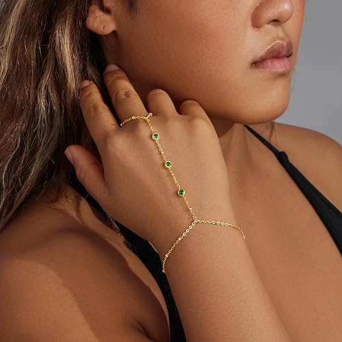 Poxtex Waterproof 14K Gold Plated Hand Chain Bracelet for Women, Non Tarnish Hypoallergenic Beaded Finger Ring Bracelet with Cubic Zirconia, Dainty Minimalist Boho Indian Style Stackable Wrist Body Jewelry for Summer Festival Vacation - color: Green (St.