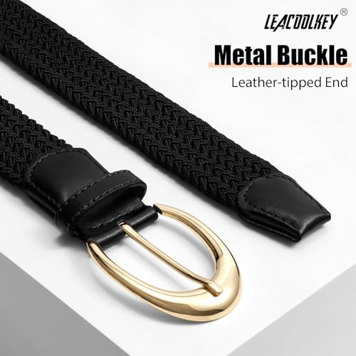 LEACOOLKEY Stretchy Braided Golf Belt for Women Elastic Woven Belts Unisex Elastic Fabric Belt for Jeans Pants - color: Black/Gold Buckle, size: Fit waist size below 39"