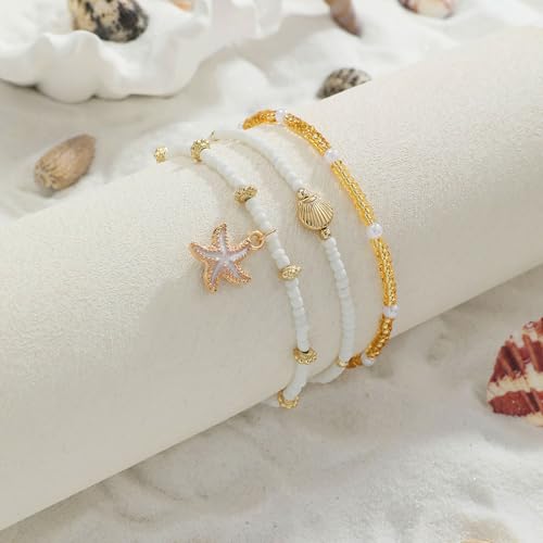 Beach Anklets for Women Boho Beaded Ankle Bracelets Set Adjustable Dainty Gold Anklets Stackable Hawaiian Vacation Beachy Pearl Seashell Starfish Conch Foot Jewelry - color: 3PCS Anklets