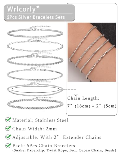 6Pcs Stainless Steel Chain Bracelets for Men Women 2mm Cuban Snake Twists Rope Box Beads Paperclip Link Chain Bracelet Sets Jewelry Gifts 7 Inches Length Adjustable - style: A:6 Silver-Chains