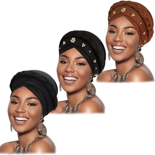 African Women Turban Caps Beanie Pre-Tied Twisted Braids Headwraps for Women Head Scarf Chemo Cancer Headwear Cap - color: 3 Pack Twisted Braid: Gold Bead (Black/Coffee)/Black