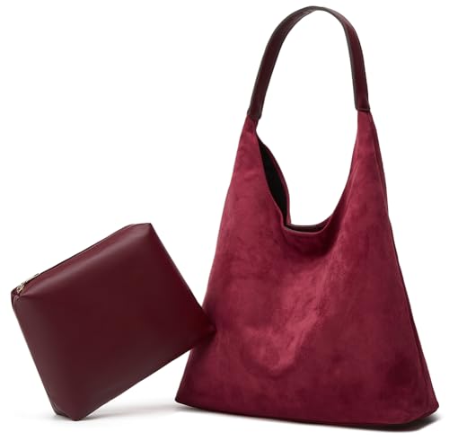 Womens Fashion Suede Shoulder Bags Large Tote Bag Retro Purse Handbag Casual Work Ladies Top Handle Satchel - color: A-wine Red