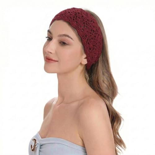 ZLYC Women Headband Handmade Crochet Knit Boho Flower Hair Bands (Crochet Burgundy) - color: Crochet Burgundy